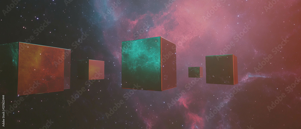 Poster Expansive cosmic backdrop featuring 3D cubes floating through a vibrant nebula