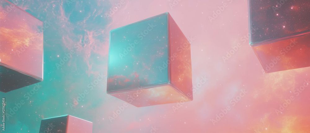 Poster vast cosmic space featuring floating 3d cubes and stardust textures in a colorful backdrop