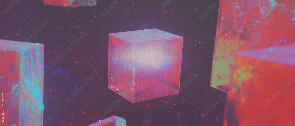 Poster Vibrant cosmic cubes float in an ethereal space filled with stardust and nebulae