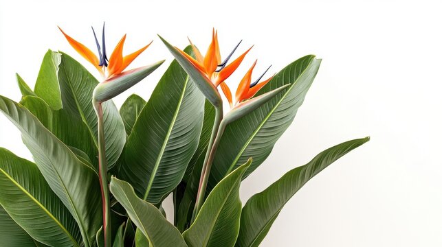 Vibrant Bird of Paradise Flowers with Lush Green Leaves Display