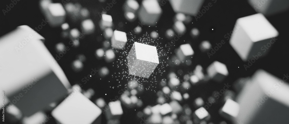 Aufkleber Dynamic flow of abstract 3D cubes with glitter particles interacting with virtual wind