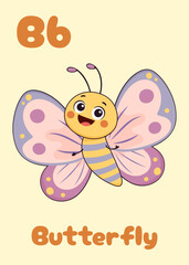 Alphabet flash card for kids. Cute butterfly illustration for teaching the alphabet. Perfect for children's educational preschool learning materials . Letter B. Vector art.