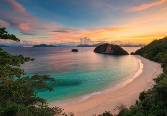 Fototapeta premium Secluded tropical beach at sunset with turquoise water, white sand, and lush green hills.