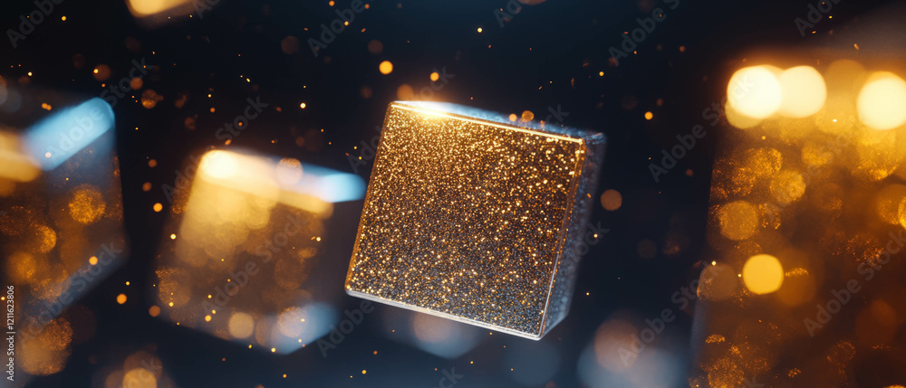 Poster Glowing 3D cubes create a magical atmosphere with sparkling particles in abstract design
