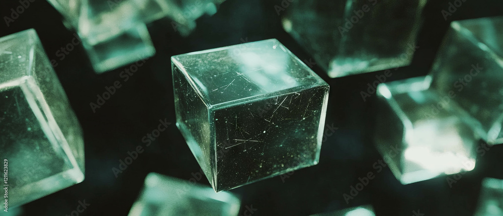 Fototapete Dynamic abstract cubes with interconnected lines and glowing details in a central empty space
