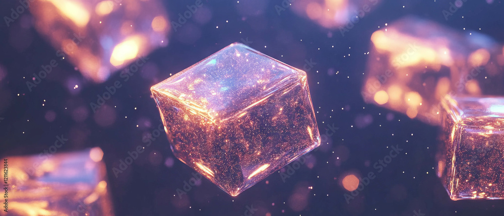 Aufkleber Abstract 3D cubes with glowing interiors and mystical glitter particles create enchanting space