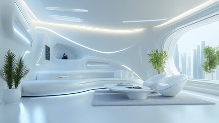 A sleek and modern smart home living room with integrated technology, minimalist furnishings, and contemporary lighting, creating a futuristic vibe