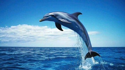 Obraz premium Dolphin leaping ocean blue sky nature wildlife background marine poster