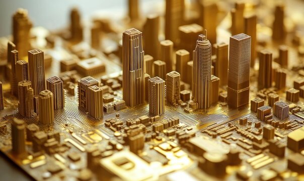 Golden Cityscape: A Microcosm of Urban Development on a Circuit Board