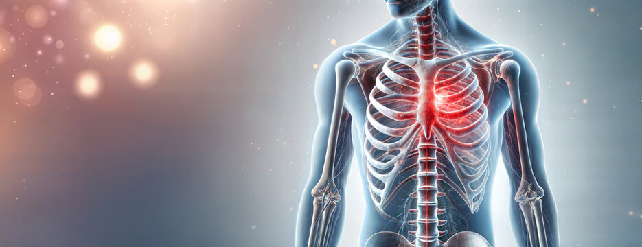 Anatomical representation of the human thoracic cavity highlighting the heart's position within the ribcage, focusing on cardiovascular health and chest-related diseases.