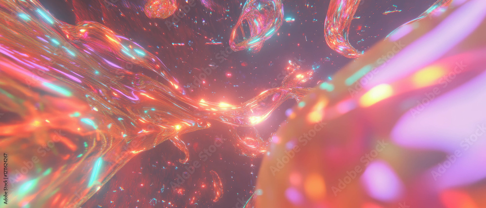 Poster Dynamic 3D data streams intertwining with vibrant particles in a digital landscape