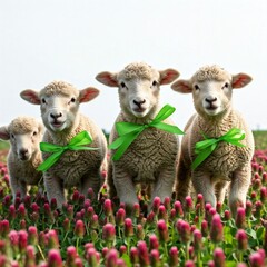 Obraz premium four cute lambs wearing green bows in a field of red clover flowers