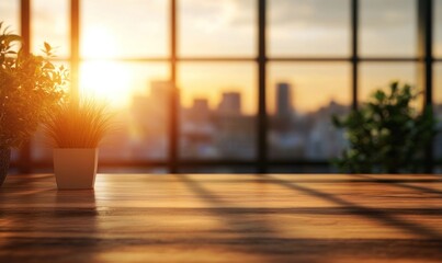 Fototapeta premium Sunset Cityscape View from Wooden Desk with Plants