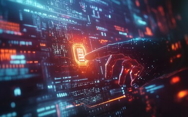 Robotic hand interacts with futuristic digital interface, activating a glowing orange data chip.