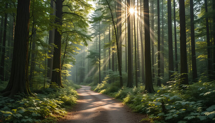 Obraz premium Sunlit Path Through Misty Forest: A Serene and Magical Woodland Scene