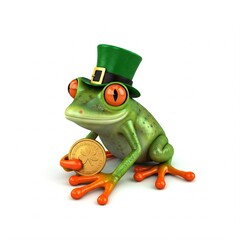 Fototapeta premium 3d rendered illustration of a green frog wearing a leprechaun hat holding a gold coin with a shamrock on a white background