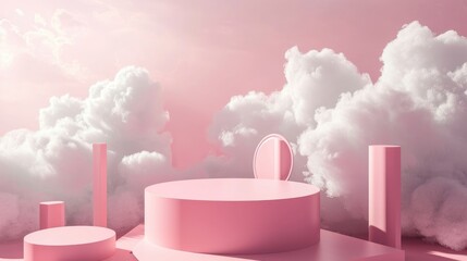 Empty Pink Displays Platform Amidst Fluffy White Clouds Against Pink Backdrop.
