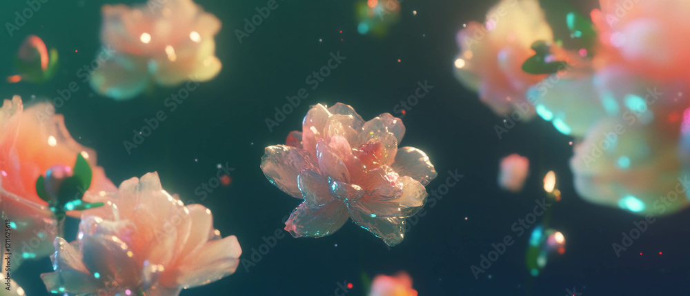 Poster Floating 3D flowers create a serene atmosphere in a cosmic backdrop of infinite space