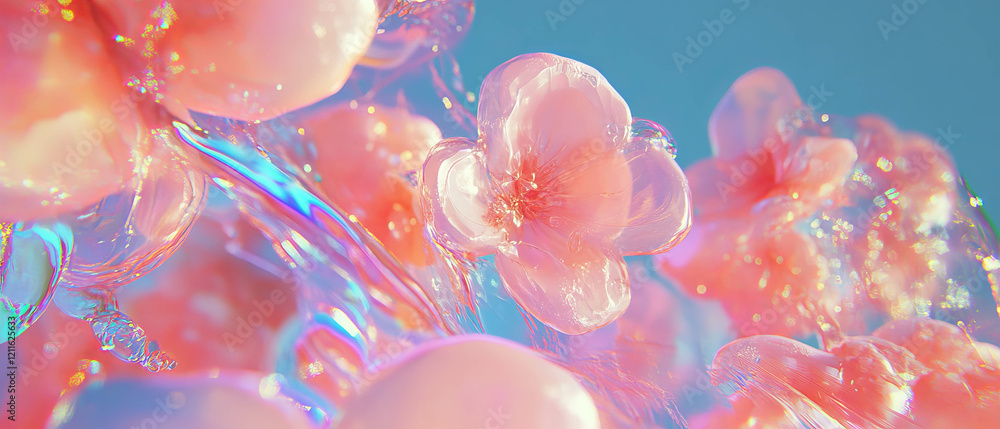 Poster Floating 3D flowers in a cosmic background create a surreal abstract atmosphere