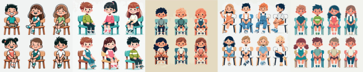 vector collection of characters of a child sitting in a chair