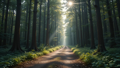 Fototapeta premium Sunlit Path Through Misty Forest: A Serene and Magical Woodland Scene