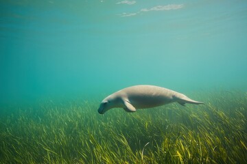 Obraz premium A dugong swimming gracefully in shallow turquoise waters off the coast of Queensland, surrounded by seagrass.