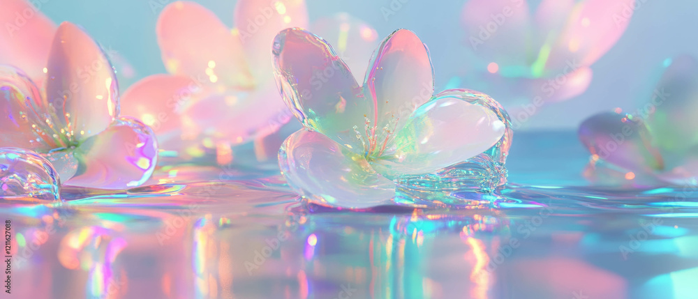 Poster Abstract 3D flowers submerged in liquid with reflections and distorted visuals