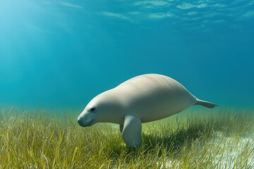 Naklejka premium A dugong swimming gracefully in shallow turquoise waters off the coast of Queensland, surrounded by seagrass.