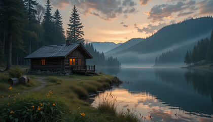 Fototapeta premium Cozy Lakeside Cabin at Twilight: A Serene Escape in Nature's Embrace