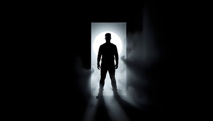 Mystical Glow: Figure Standing at a Luminous Doorway