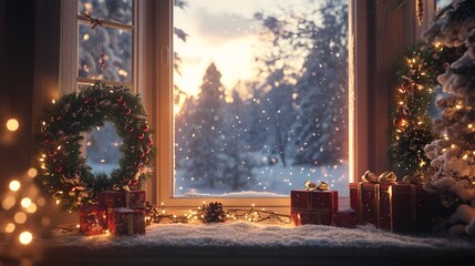 Obraz premium Festive Christmas Window Display With Gifts And Decorations