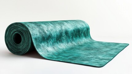Beautiful teal fitness mat rolled out on a light background