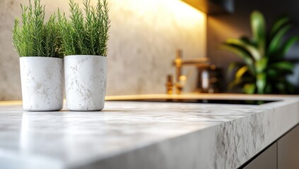 Modern Kitchen Interior Design with Rosemary Plants on Marble Countertop