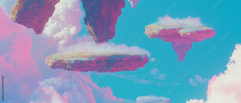 Poster surreal floating islands in a dreamlike landscape with fragmented details