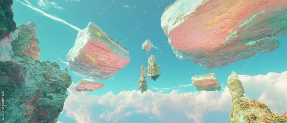 Poster exploring fragmented landscapes and floating islands in a dreamlike atmosphere