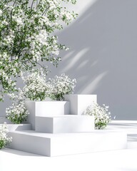 Serene White Floral Display on Minimalist Geometric Stairs