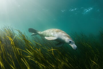 Obraz premium A dugong swimming gracefully in shallow turquoise waters off the coast of Queensland, surrounded by seagrass.