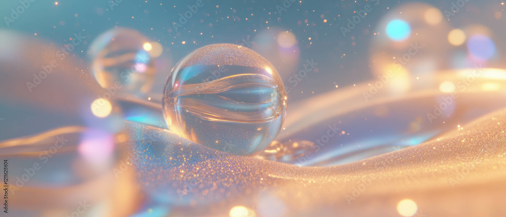 Poster elegant abstract background with 3d glass spheres and sparkling golden dust in empty space
