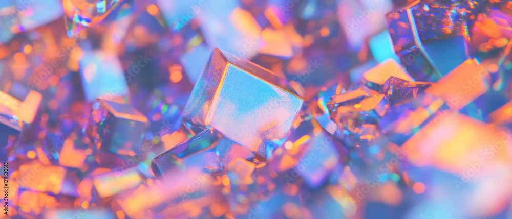 Poster Abstract background showcasing 3D holographic cubes with glitter and shifting patterns