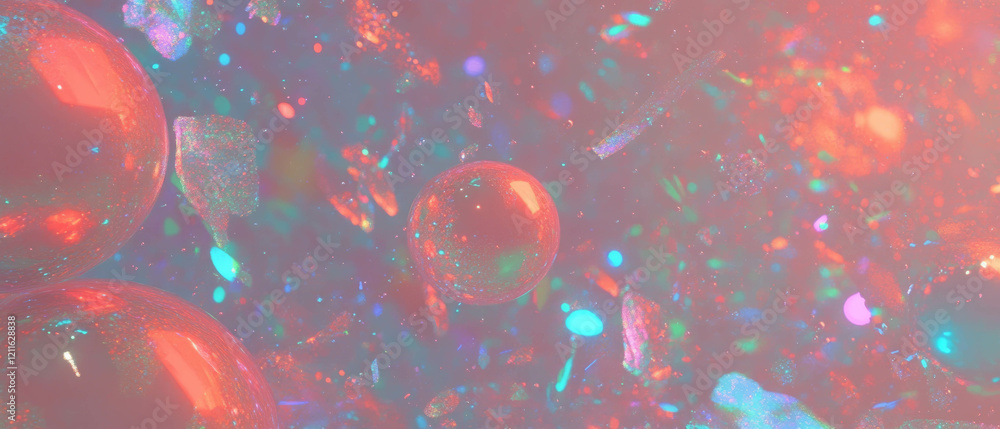 Poster Abstract composition of 3D holographic spheres with glitter and shifting patterns