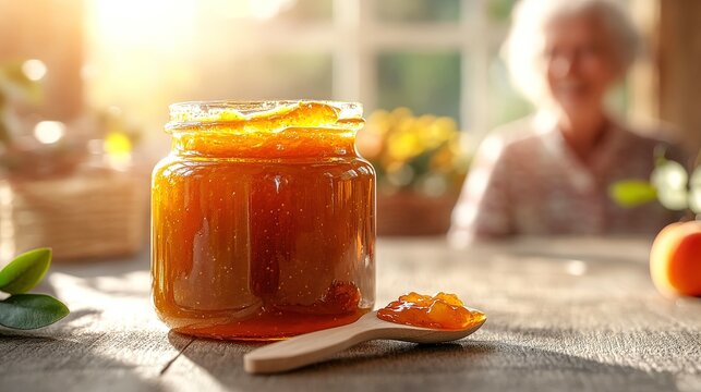 Simple jar of apricot jam with a wooden spoon illuminated by warm sunlight