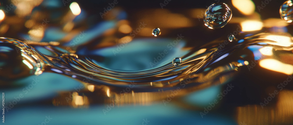 Poster flowing liquid metal droplets create an abstract beauty with reflective surfaces and merging forms