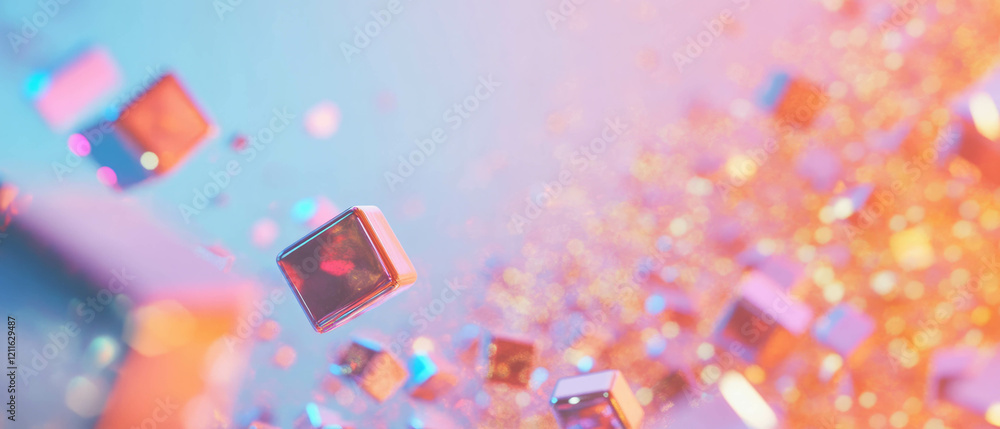 Poster vibrant abstract background of metallic cubes and swirling glitter with dynamic energy