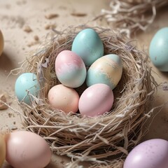 Vibrant painted Easter eggs in nest with pastel colors, Easter, pastel