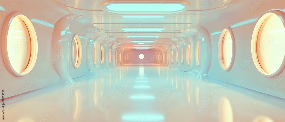 Poster futuristic space corridor showcasing advanced technology and exploration concepts