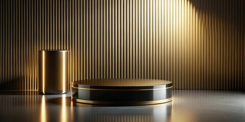 Elegant Black and Gold Cylindrical Display Platforms on a Polished Surface with Vertical Striped Background