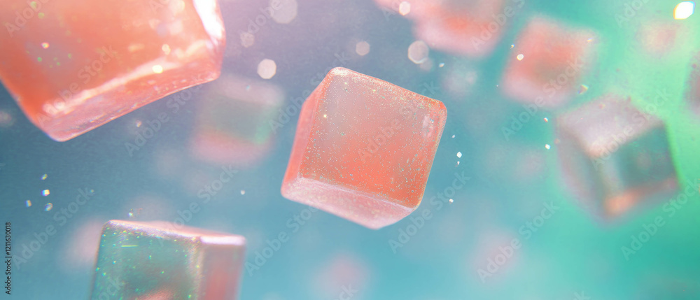 Poster abstract 3d rubber cubes floating amidst glitter particles in a vibrant background