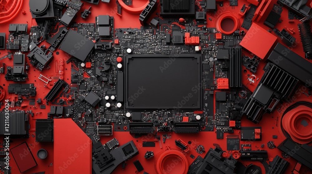 Poster high-contrast red and black circuit board layout with components