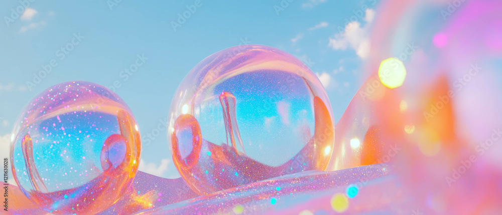 Poster colorful rubber spheres and glitter particles create a playful abstract background