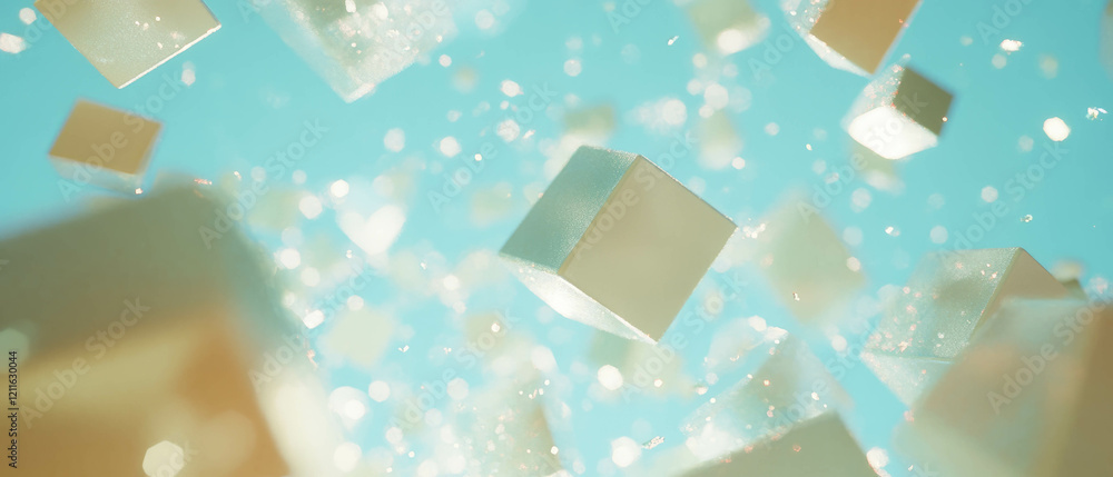 Poster playful composition of 3d rubber cubes and bouncing glitter particles on a vibrant background